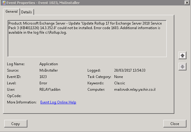exchange 2010 sp2 rollup 2 error code 1603